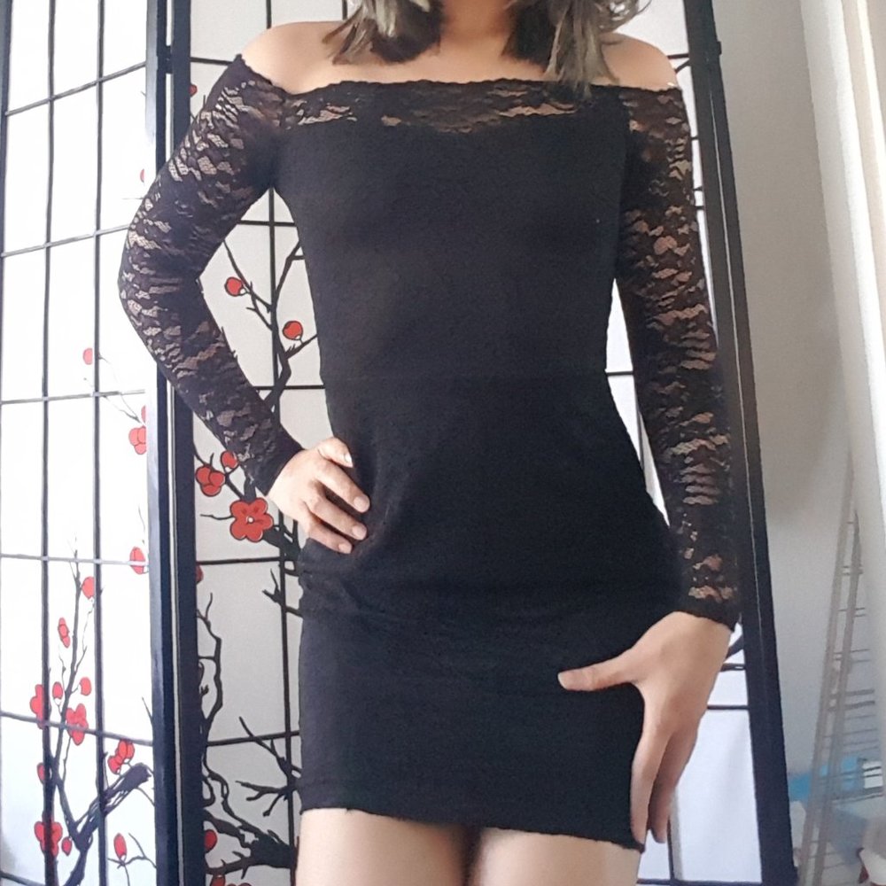 Off Shoulder Lace Mini Black Dress